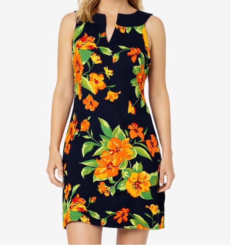 Kim by Kim Rogers dress sheath knee length orange floral print back zip SZ 6